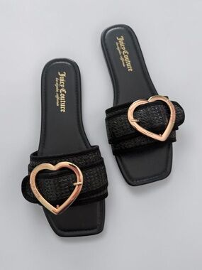 Juicy Couture Black Slide Mules with Rose Gold Heart Buckles